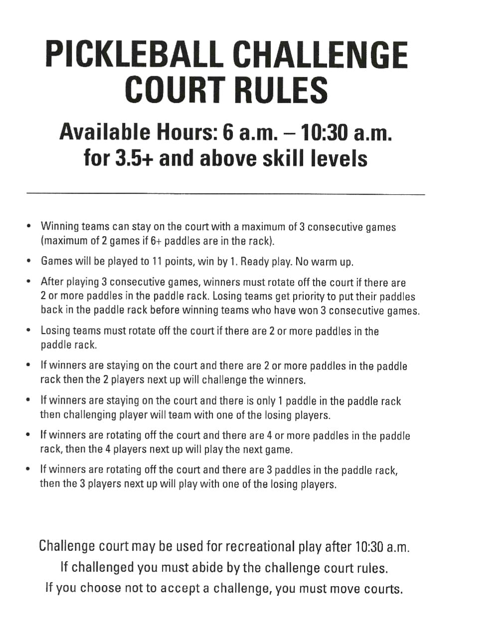 Pickleball Challenge Court Rules